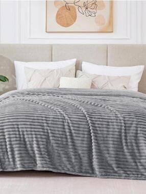Queen Size Gray 90 x 90 Striped Microfiber Blanket